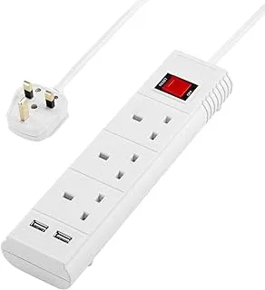 Lawazim heavy duty 3 way extension cord electrical socket outlet with on/off buttons surge protection plug with safety shutter & 2 usb port 2990w | 3 meters | 13a fused plug