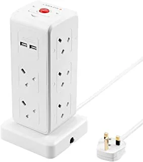 Lawazim heavy duty 10 way tower socket extension cord electrical socket outlet with on/off buttons surge protection plug with safety shutter & 4 usb ports 2990w | 1.5 meters | 13a fused plug