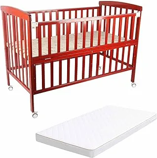 سرير أطفال خشبي محمول موون (129 × 69 × 96 سم) - بني + مرتبة سرير أطفال (126 × 65 × 7 سم) ، مرتبة سرير للرضع ، مرتبة أطفال فاخرة قابلة للتهوية للرضع والأطفال الصغار - أبيض