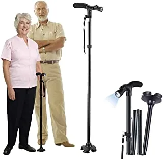 Folding Cane with Led Light, Adjustable Safety Crutch and Walking Sticks for Elderly, Injured, Best Hiking Poles And Camping Stick With Flashlight, Foldable Safety Stick And Flashlight A Perfect Combo
