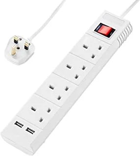 Lawazim Heavy Duty 4 Way Extension cord Electrical Socket Outlet with on/off buttons Surge Protection Plug with safety shutter & 2 USB Port 2990W | 3 Meters | 13A Fused Plug