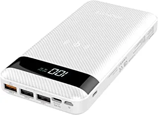 باور بانك لاسلكي من بروميت Qi ، شاحن محمول 2 في 1 بقوة 20000 مللي أمبير في الساعة USB-C 18 وات وشاحن لاسلكي سريع 10 وات Qi مع 3 منافذ USB و 3 منافذ إدخال وشاشة LED ، AuraTank-20 أبيض