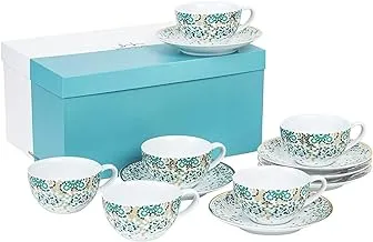 Silsal Mirrors Porcelain Teacups and Saucers 6-Piece Gift Set, White/Emerald Green