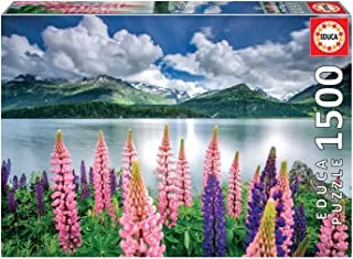 Educa - Lupins on The Shores of Lake SILS, Switzerland - 1500 Piece Jigsaw Puzzle - Puzzle Glue Included - Completed Image Measures 33.5