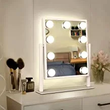 مرآة مكياج من ويلي هوليوود مع أضواء ، مرآة فانيتي مضاءة كبيرة مع 3 إضاءة ملونة و 9 لمبات LED قابلة للتعتيم ، شاشة تحكم تعمل باللمس بإضاءة ذكية ودوران 360 درجة (أبيض)