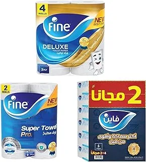 Fine Weekly Supply Bundle: 1) Fine Deluxe Toilet Paper 3 Plies Pack of 4 Rolls. 2) Fine Classic Facial Tissues Pack of 6. 3) Fine Super Towel Pro Kitchen Paper Towel 3 Plies Pack of 2 Rolls.
