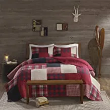 Woolrich Sunset Reversible Quilt Set - Cottage Styling Reversed to Solid Color, All Season Lightweight Coverlet, Cozy Bedding Layer, Matching Shams, Oversized Full/Queen, Plaid Red 3 Piece