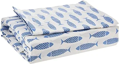 Nautica - Twin Sheet Set, Cotton Percale Bedding Set, Crisp & Cool, Lightweight & Breathable (Woodblock Fish Blue, Twin)