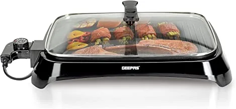 Geepas Gbg63040 1600W Electric Barbeque Grill Adjustable Thermostat Non Stick Smokeless Grill Indoor With Glass Lid Overheat Protection & On Indicator Light, Black