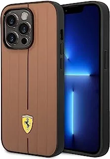 CG MOBILE Ferrari Leather Case With Embossed Stripes & Yellow Shield Logo Compatible with iPhone 14 Pro Max - Camel