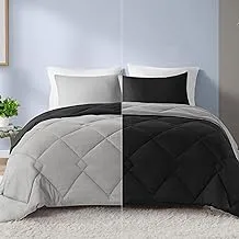 طقم لحاف قابل للعكس من Comfort Spaces Vixie - غطاء مبطن هندسي كاجوال عصري، سرير مريح بديل لجميع المواسم، غطاء متطابق، أسود/رمادي، King 3 قطع