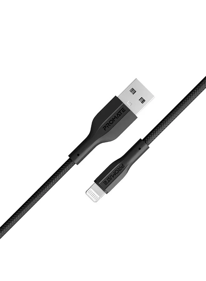 بروميت كابل USB-A إلى Lightning متين بقدرة 10 وات مع نقل بيانات بسرعة 480 ميجابت في الثانية باللون الأسود
