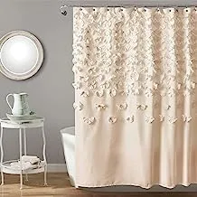 Lush Decor Lucia Shower Curtain - Fabric, Ruched, Floral, Textured Vintage Chic, Farmhouse Style Design, 72” x 72”, Ivory