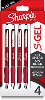 SHARPIE S-Gel, Gel Pens, Sleek Metal Barrel, Crimson Red, Medium Point (0.7mm), Black Ink, 4 Count