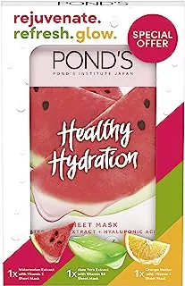 Pond's Healthy Hydration sheet mask collection, Aloe Vera 25ml, Orange Nectar 25ml and Watermelon 25ml, for up to 24hr hydration*, set of 3