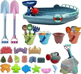 IOKUKI Long Shovels Sand Toys Set with Mesh Bag Including Bath Boat, Castle Building Kit Beach Buckets, Shovels, Rakes, Molds, Outdoor Beach Toys Tool Kit for Kids, Toddlers, Boys and Girls (33 PCS)