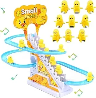 Small Ducks Climbing Toys, Electric Ducks Chasing Race Track Game Set, Playful Roller Coaster Toy with 9 Duck LED Flashing Lights & Music Button, Fun Duck Stair Climbing Toy for Toddlers and Kids (A)