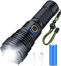 COOLBABY Rechargeable LED Torch High Lumen, 90000 Lumen Super Bright Tactical Torch with 5 Light Modes and 26650 Battery Zoom Waterproof Torch with Zoom for Hiking Camping Ride or Emergency (Black)