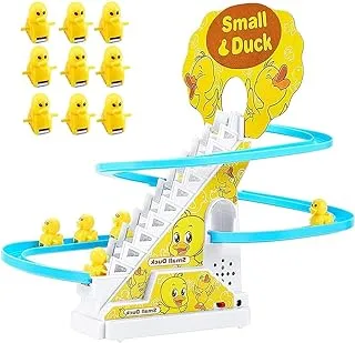 JOYGETIN Small Ducks Climbing Toys,Electric Duck Climbing Stairs Tracks Slide Toy Set,Duck Roller Coaster Toy with Flashing Lights & Music On/Off Button