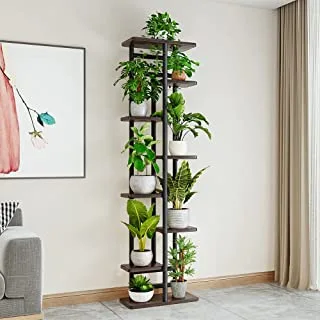 QLFJ-FurDec Plant Stand 8 Tier 9 Potted, Multiple Flower Pot Holder Shelf, Wood and Metal Tall Plant Display Rack Storage Organizer for Indoor, Outdoor, Garden, Patio, Balcony