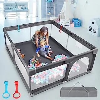 Baby Playpen|Playpen for Babies and Toddlers|Large Play Yard for Infant with Storage Bag, Safe Play Area with Visible Mesh, Pull Rings - A Safe Paradise for Kids to Play and Explore! (70”X59”)
