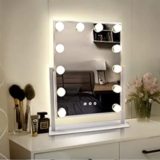 مرآة مكياج هوليوود WEILY مع أضواء، مرآة زينة كبيرة مضاءة مع 3 ألوان إضاءة و12 مصباح LED خافت، شاشة تحكم باللمس مضاءة ذكية ودوران 360 درجة (أبيض)