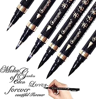 قلم الخط SHOWAY Dreamslink - 6 قطع من أقلام الكتابة اليدوية بفرشاة سوداء - للحروف والكتابة للمبتدئين والتوقيع والرسوم التوضيحية بالألوان المائية والتصميم والرسم الفني (4 أحجام)
