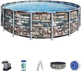 Bestway Power Steel Frame Pool مجموعة كاملة دائرية مع مضخة فلتر وسلم أمان وقماش مشمع 549 x 132 سم بركة ، متعدد الألوان