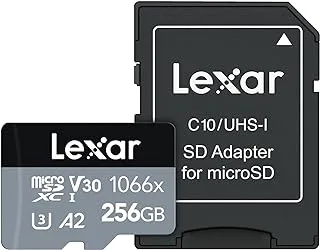 بطاقة Lexar Professional 1066x 256GB MicroSDXC UHS-I مع محول SD سلسلة فضية، قراءة تصل إلى 160 ميجابايت/ثانية، لكاميرات الحركة والطائرات بدون طيار والهواتف الذكية والأجهزة اللوحية المتطورة (LMS1066256G-BNANU)