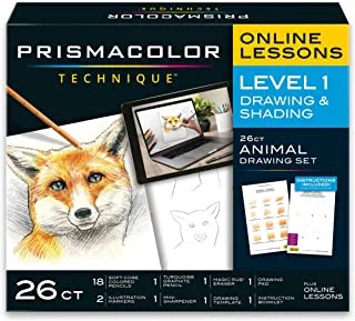 تقنية بريزماكولور، لوازم فنية مع دروس الفن الرقمي، مجموعة الرسومات، المستوى 1، كيفية رسم الحيوانات باستخدام أقلام الجرافيت الملونة، والمزيد، درس رسم الثعلب، 26 عددًا