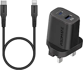 Promate USB-C Adapter and Cable Set with Dual Port AC Charger, 25W Power Delivery, 18W QC 3.0, 27W Type-C to Lightning Silicone Cable, ChargeKit-25PDi