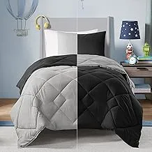 Comfort Spaces Vixie Reversible Comforter Set - Trendy Casual Geometric Quilted Cover, All Season Down Alternative Cozy Bedding, Matching Sham, Black/Gray, Twin/Twin XL 2 piece
