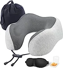 SKY-TOUCH Travel Pillow Set, 100% Pure Memory Foam Neck Pillow, U Shape Head Pillow Airplane Travel Kit with 3D Contoured Eye Masks, Earplugs and Storage Bag