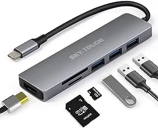 محول SKY-TOUCH 6 في 1 USB C Hub متعدد المنافذ، دونجل ألومنيوم محمول مع مخرج HDMI 4K، 3 منافذ USB 3.0، قارئ بطاقة SD/Micro SD متوافق مع MacBook Pro، XPS المزيد من النوع C