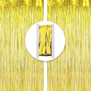 Goldedge Metallic Tinsel Foil Fringes Curtains Party Photo Backdrop for Birthday Decorations 2-Piece Set, 100 x 200 cm Size, Gold