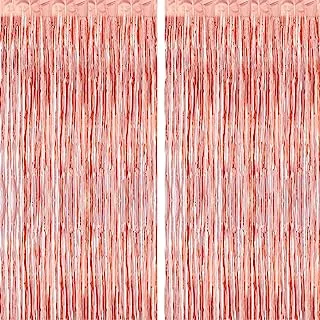 Goldedge Metallic Tinsel Foil Fringes Curtains Party Photo Backdrop for Birthday Decorations 2-Piece Set, 100 x 200 cm Size, Rose Gold