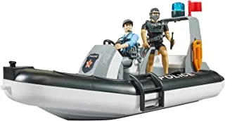 برودر 62733 – Bworld Dinghy ضباط، غواصين وإكسسوارات – 1:16 لعبة الإنقاذ، خدمة الإنقاذ، قارب الشرطة، متعددة الألوان