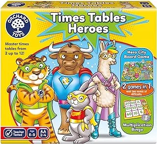 لعبة Orchard Toys Times Tables Heroes ، لعبة تعليمية للأطفال الذين تتراوح أعمارهم بين 6-9 سنوات ، وممارسة جداول الأوقات من 2-12 ، لعبة الضرب ، لعبة الرياضيات