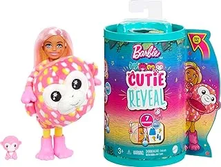 Barbie Small Dolls and Accessories, Cutie Reveal Chelsea Doll with Monkey Plush Costume & 7 Surprises Including Color Change, Jungle Series