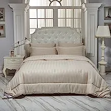 DONETELLA Hotel Style Bedding Duvet Set, All Season, 6 Pcs King Size, Premium Broad Stripes Design, Bedding Set With Zipper Closure, Bed Duvet Cover & Corner Ties (Beige) (طقم لحاف سرير فندقي)