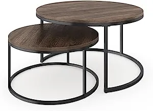 طقم طاولة قهوة مستديرة SKY-TOUCH من 2 طاولة جانبية ، طاولات جانبية مكدسة مع طاولة حبيبات من الخشب الصلب وإطار معدني لغرفة المعيشة ، تجميع قوي وسهل ، بني ريفي وجوز أسود