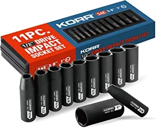 KORR Tools KSS001 11PC Impact Socket Set, 6-Point, 1/2-Inch Drive SAE Deep Socket Set