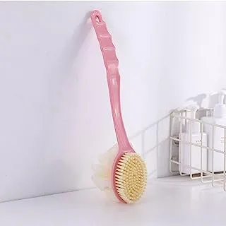 Xing-Ruiyang Shower Body Brush with Bristles and Loofah,Back Scrubber Bath Mesh Sponge with Curved Long Handle Skin Exfoliating Massage Bath Brush,Pink