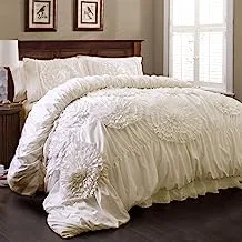 Lush Decor Serena Comforter Set, 3 Piece Set, Full/Queen, Ivory - Ruched Ruffled Flower Design - Romantic Ruffle Bedding Set - Vintage Glam & Farmhouse Bedroom Decor