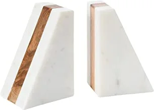 Main + Mesa Marble Geometric Bookends with Wood Inlay, White, Set of 2