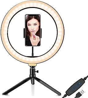 10-inch LED Ring Light with Tripod Stand Desk Makeup Selfie Ring Light with Dimmable 3 Light Modes & 10 Brightness Level for Makeup Selfie Live Streaming YouTube Video Shooting