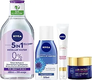 NIVEA Night Skin Care Routine Pack: Makeup Remover, Micellar Water, 400ml + Eye Makeup Remover, Double Effect, 125ml + Eyes Serum, LUMINOUS 630 EVEN GLOW, 15ml+Night Cream LUMINOUS 630 EVEN GLOW, 50ml