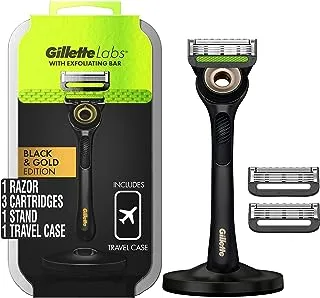 Gillette Razor for Men with Exfoliating Bar Gold Edition by GilletteLabs, Includes 1 Handle, 3 Razor Blade Refills, 1 Travel Case, 1 Premium Magnetic Stand