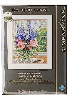 Dimensions 'Peonies and Delphiniums' Floral Counted Cross Stitch Kit, 18 Count White Aida, 12