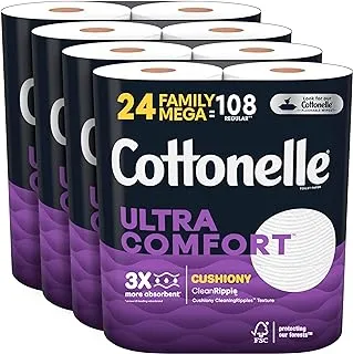 Cottonelle Ultra Comfort Toilet Paper with Cushiony CleaningRipples Texture, 24 Family Mega Rolls (24 Family Mega Rolls = 108 Regular Rolls) (4 Packs of 6 Rolls) 325 Sheets per Roll
